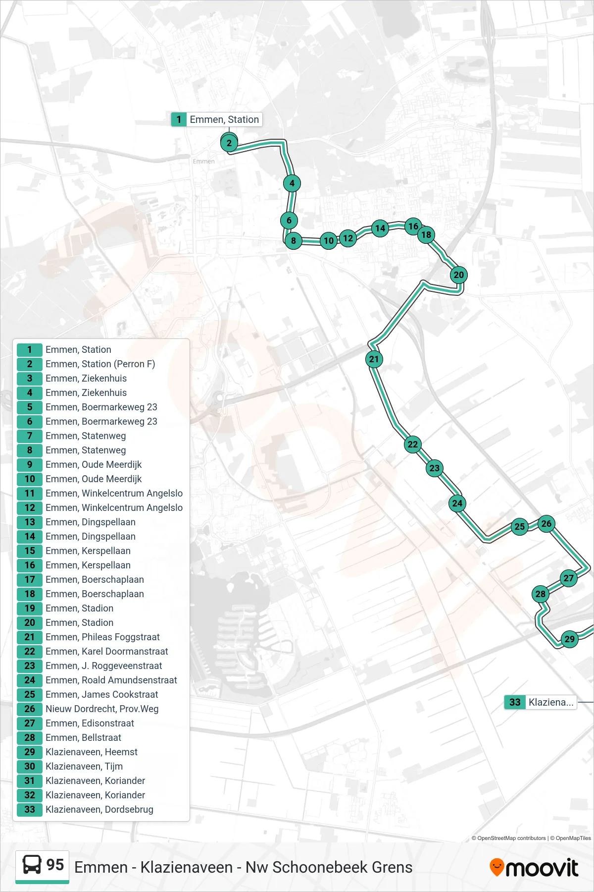 Lijn 95 (bus, Klazienaveen): route en haltes op de kaart