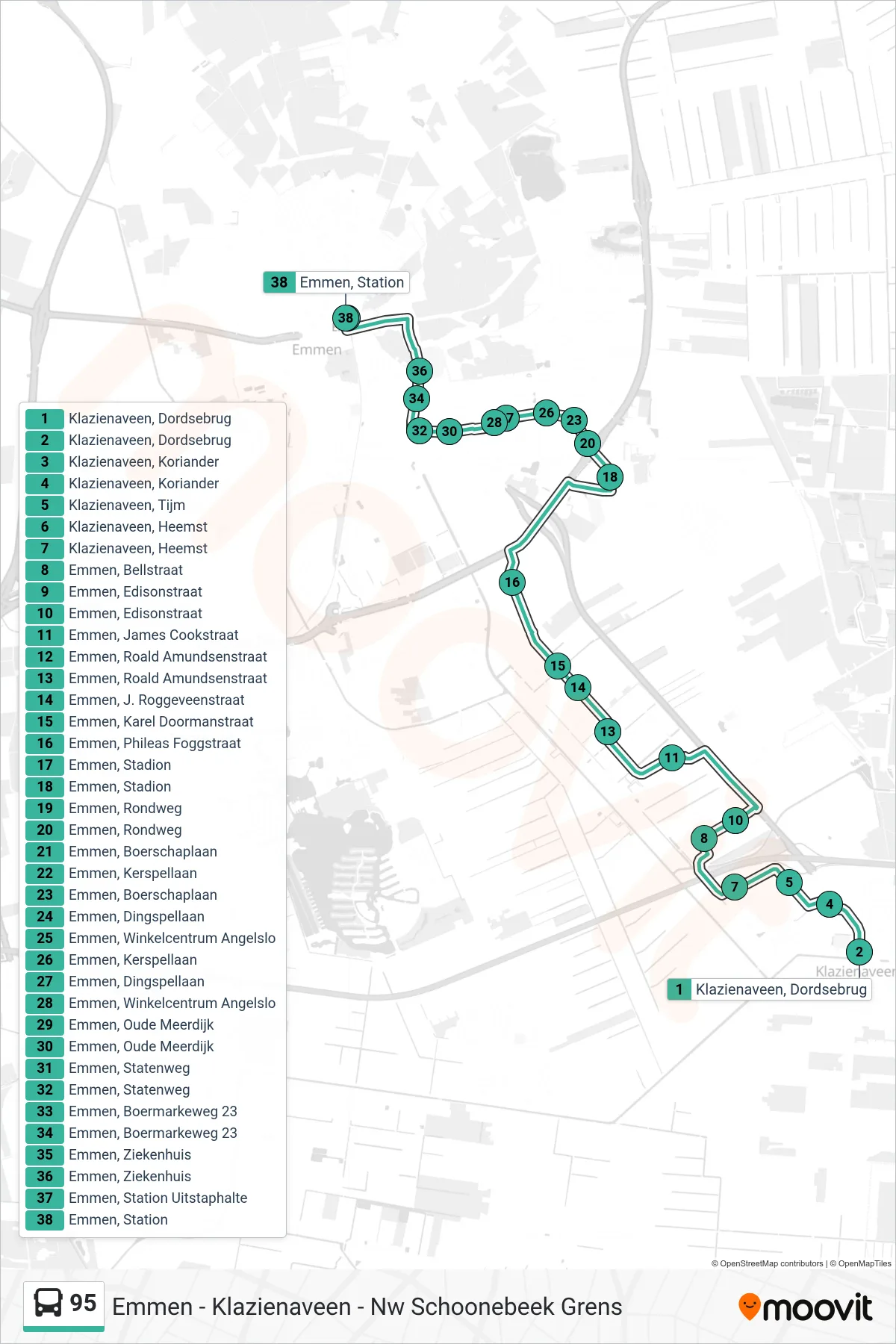 95 bus Line (Emmen Via) route and stops on a map