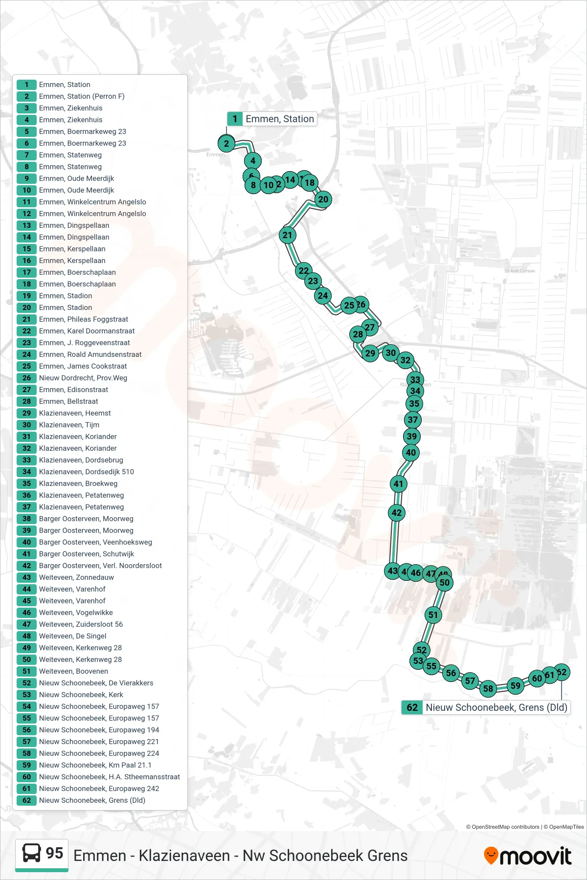 Lijn 95 (bus, Nieuw-Schoonebeek): route en haltes op de kaart