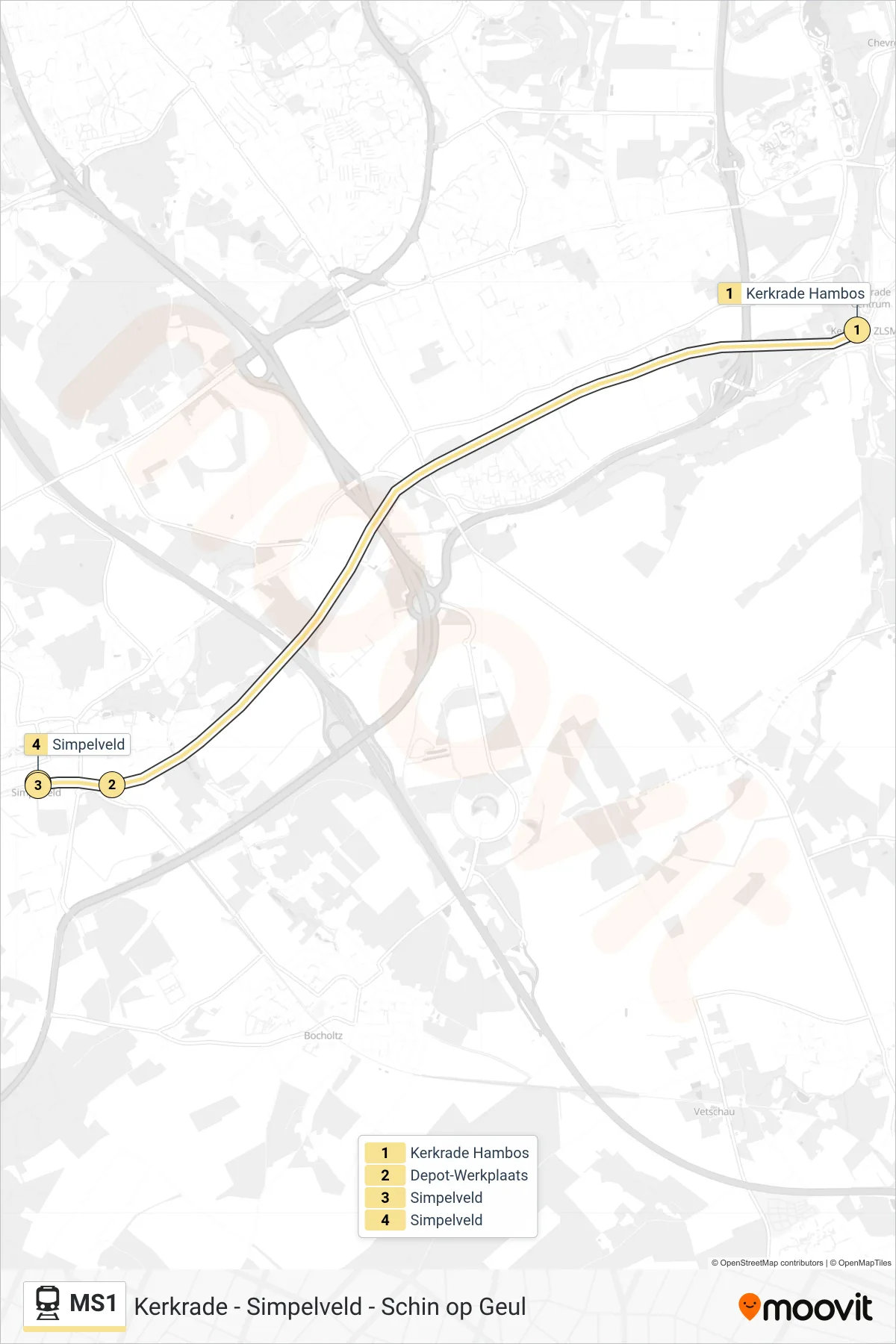 Lijn MS1 (trein, Simpelveld): route en haltes op de kaart