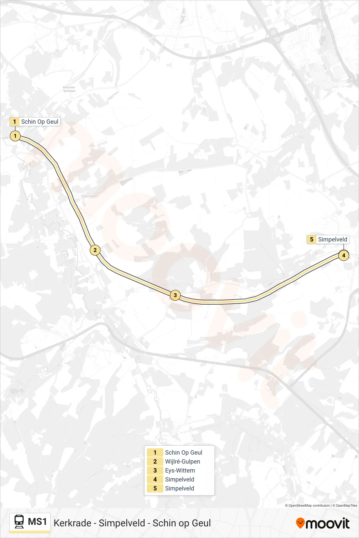 MS1 train Line (Simpelveld) route and stops on a map