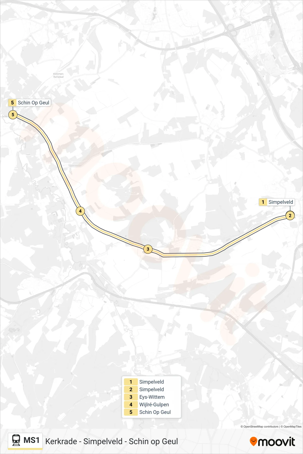MS1 train Line (Schin Op Geul) route and stops on a map