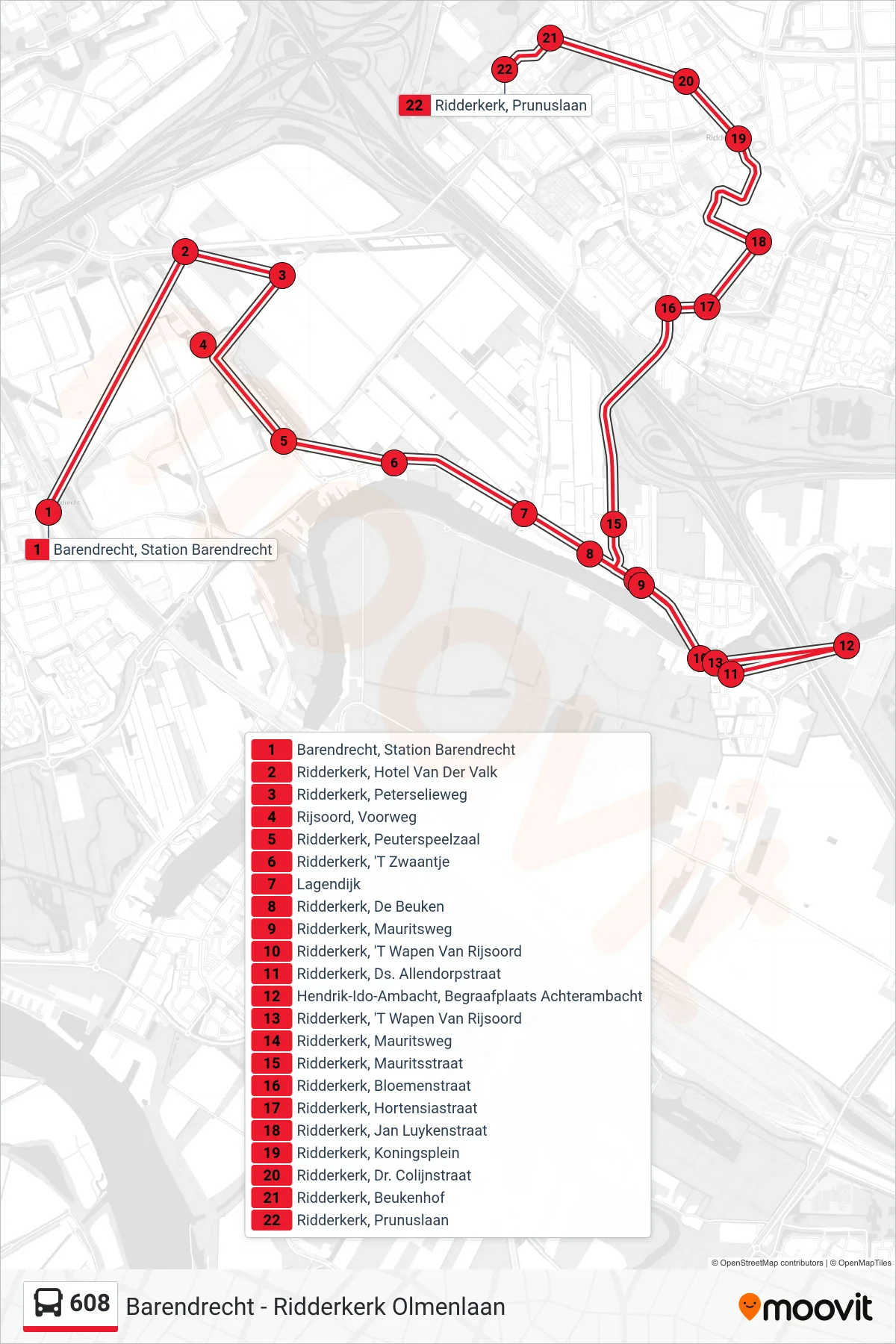 Lijn 608 (bus, Ridderkerk): route en haltes op de kaart