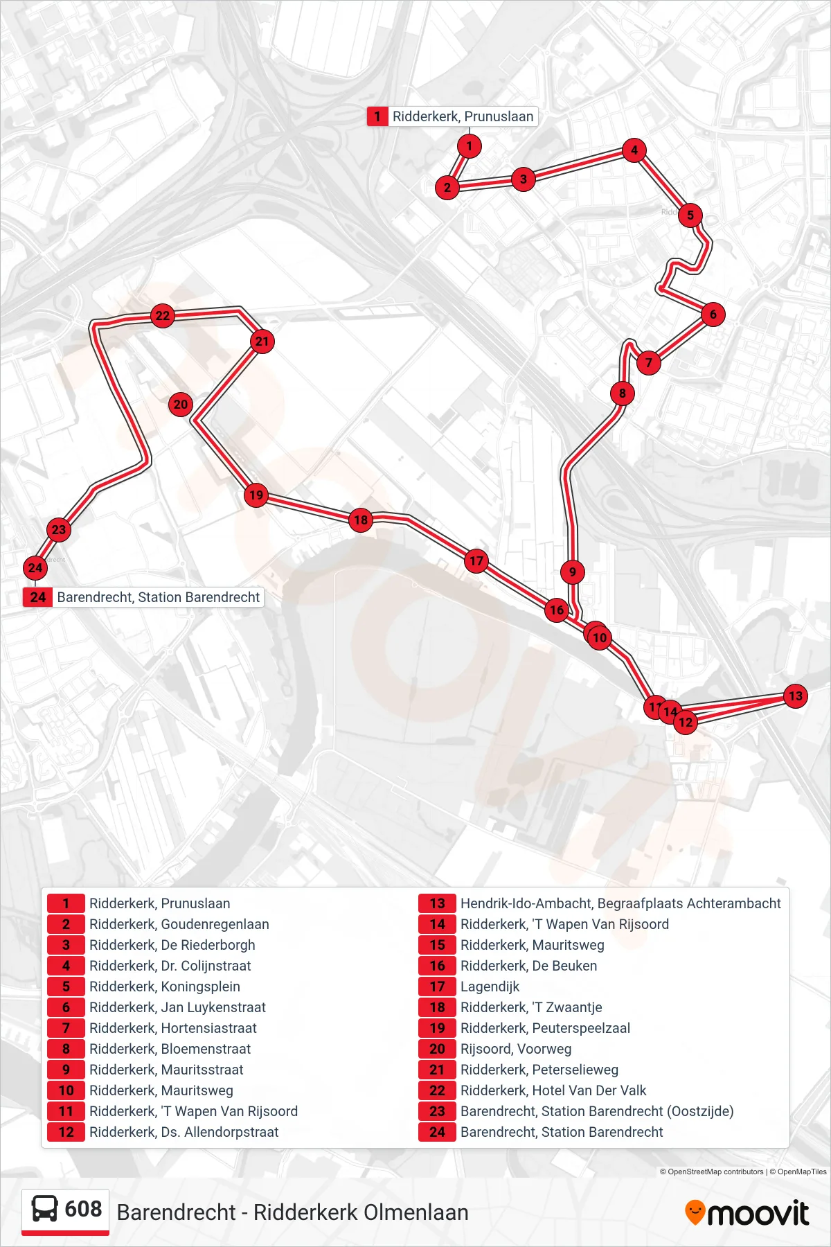 Lijn 608 (bus, Station Barendrecht): route en haltes op de kaart