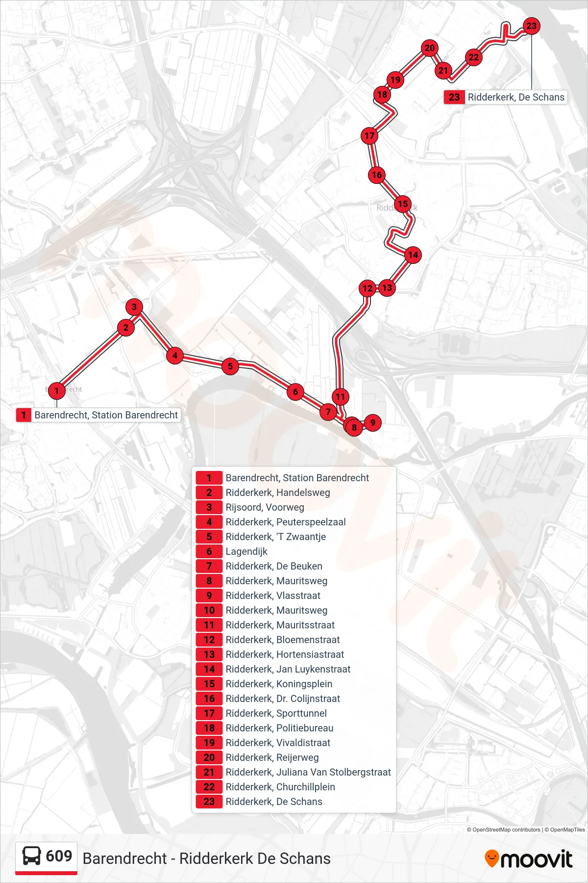 Lijn 609 (bus, De Schans): route en haltes op de kaart