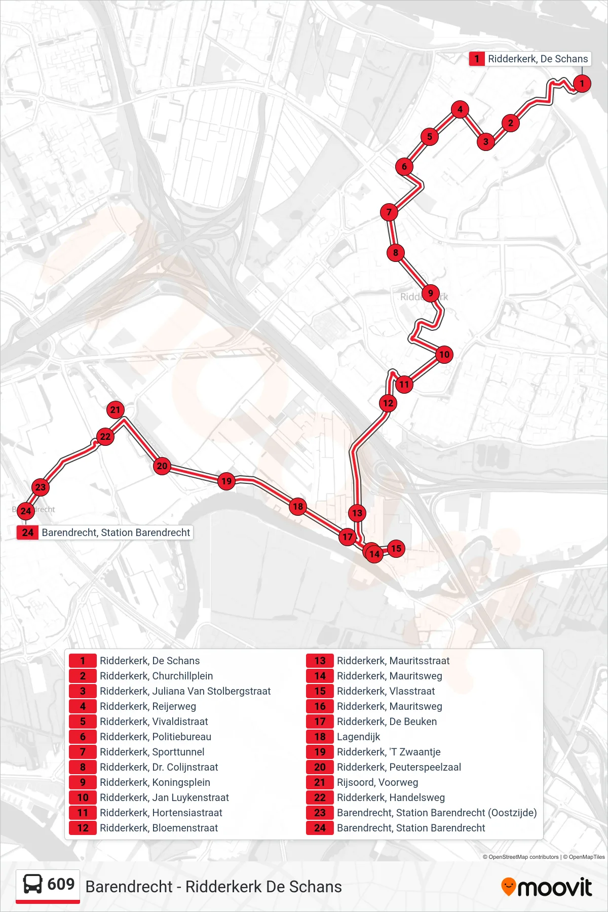 609 bus Line (Station Barendrecht) route and stops on a map
