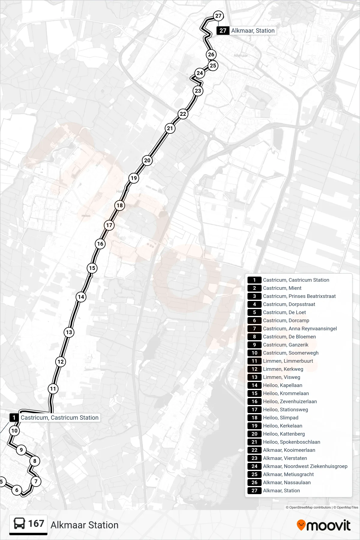 Lijn 167 (bus, Alkmaar Station): route en haltes op de kaart