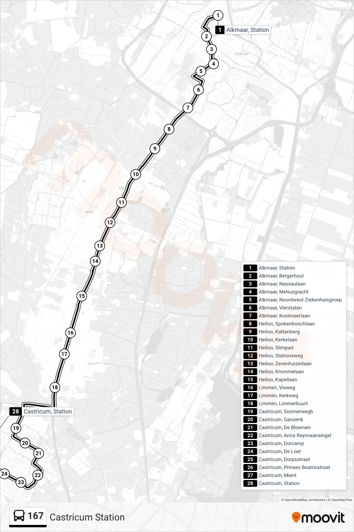 Lijn 167 (bus, Castricum Station): route en haltes op de kaart