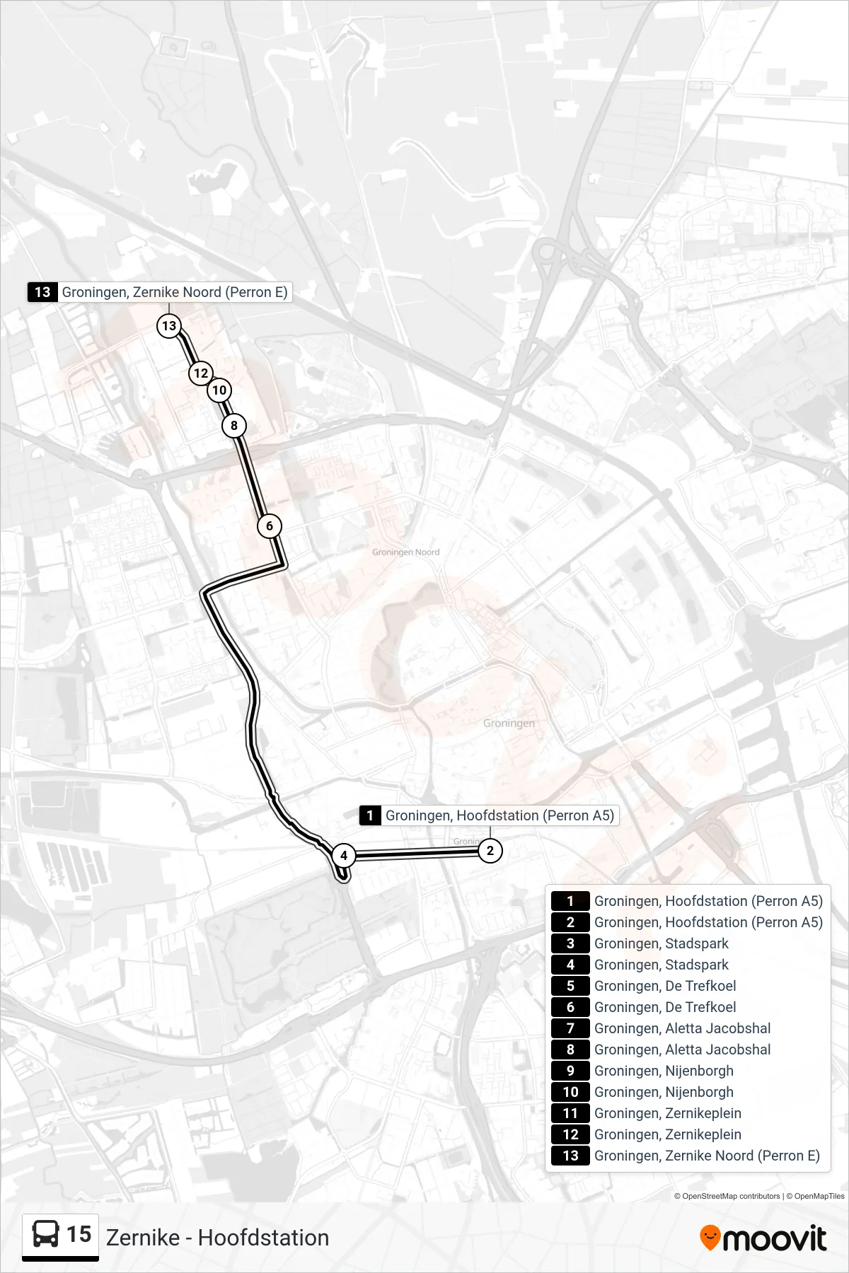 Lijn 15 (bus, Zernike Campus): route en haltes op de kaart