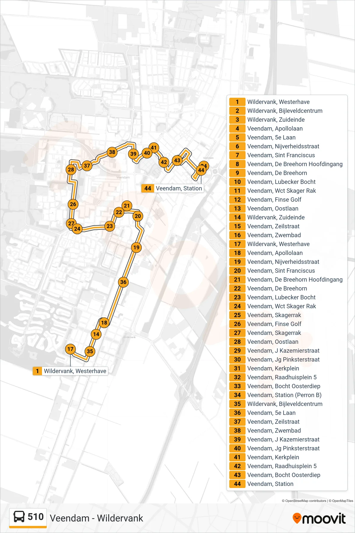 Lijn 510 (bus, Veendam): route en haltes op de kaart