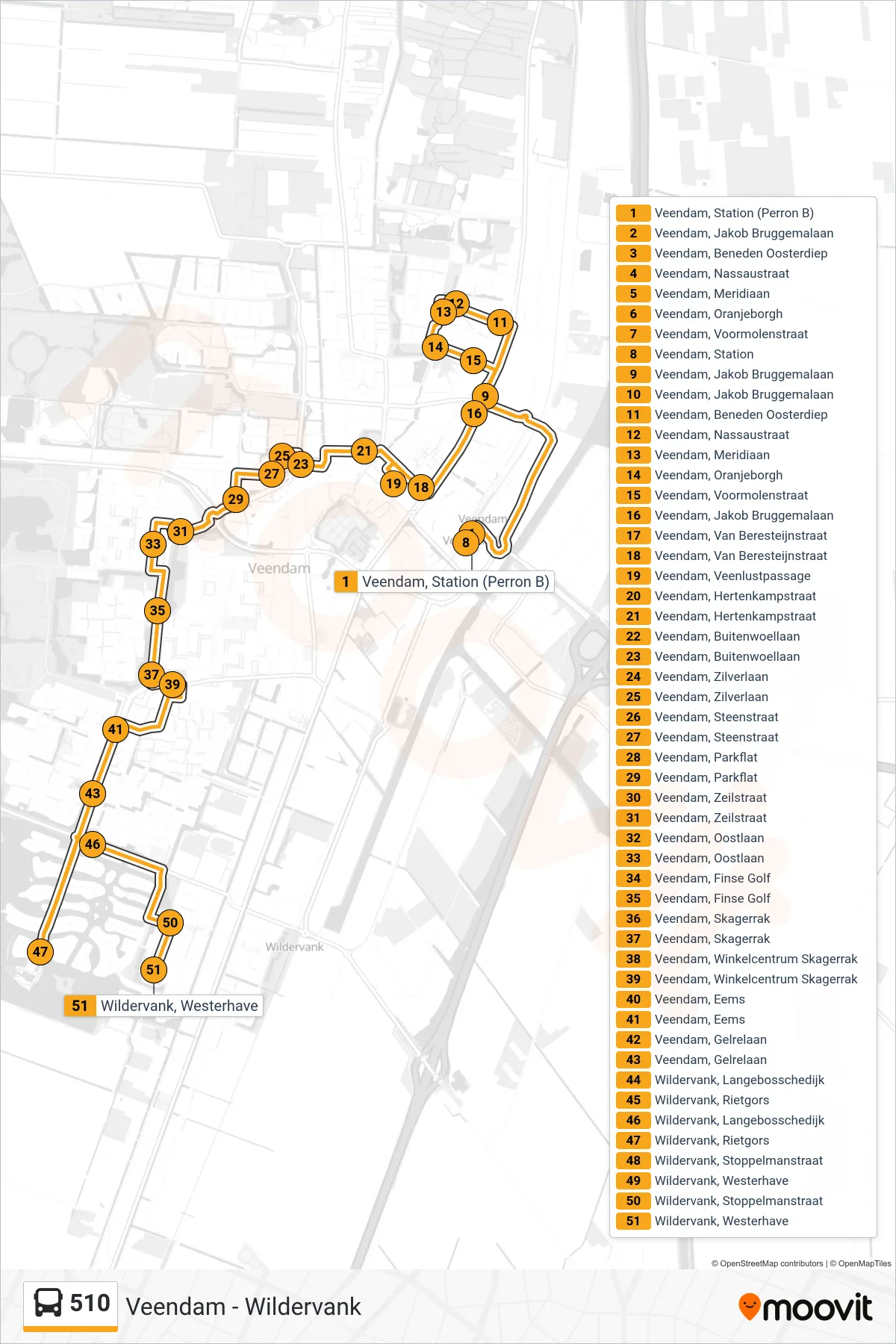 Lijn 510 (bus, Wildervank): route en haltes op de kaart