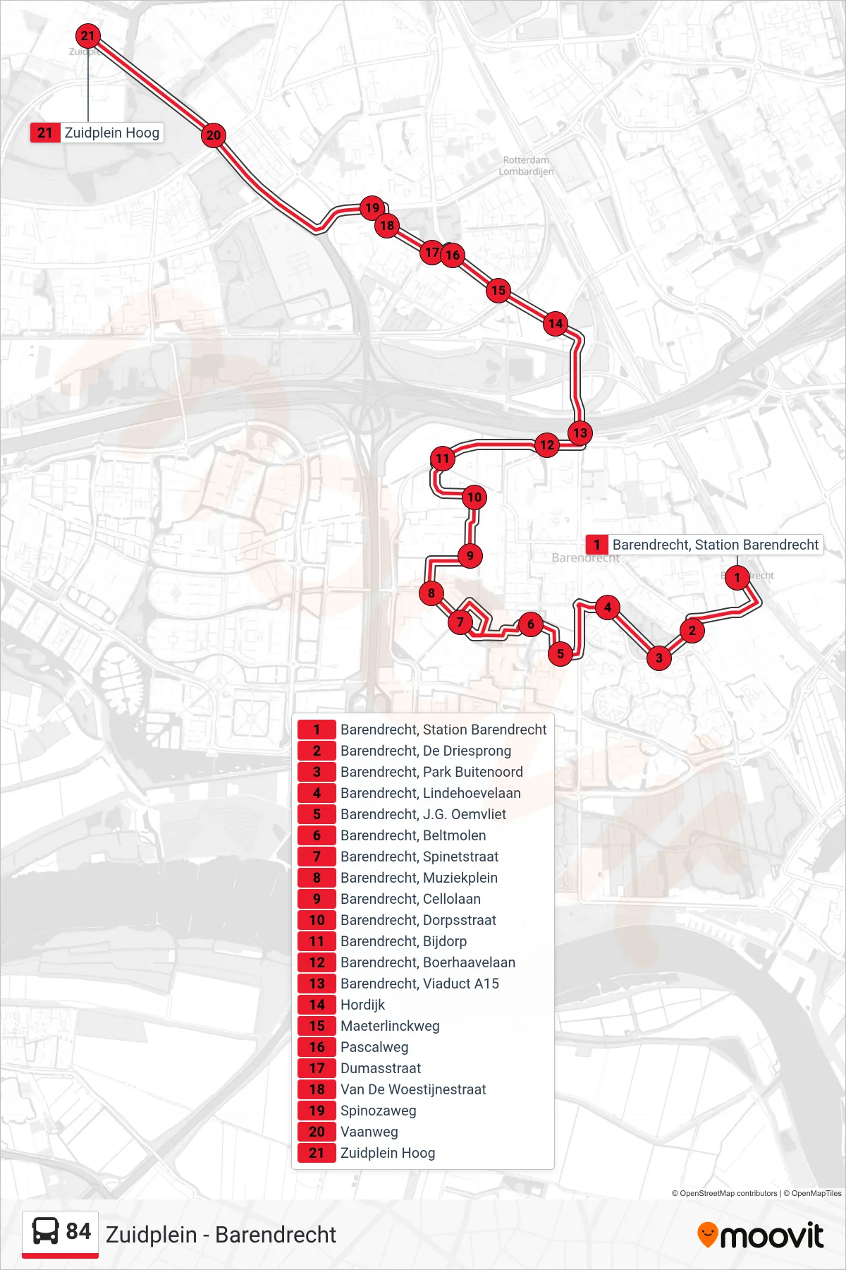 Lijn 84 (bus, Zuidplein): route en haltes op de kaart