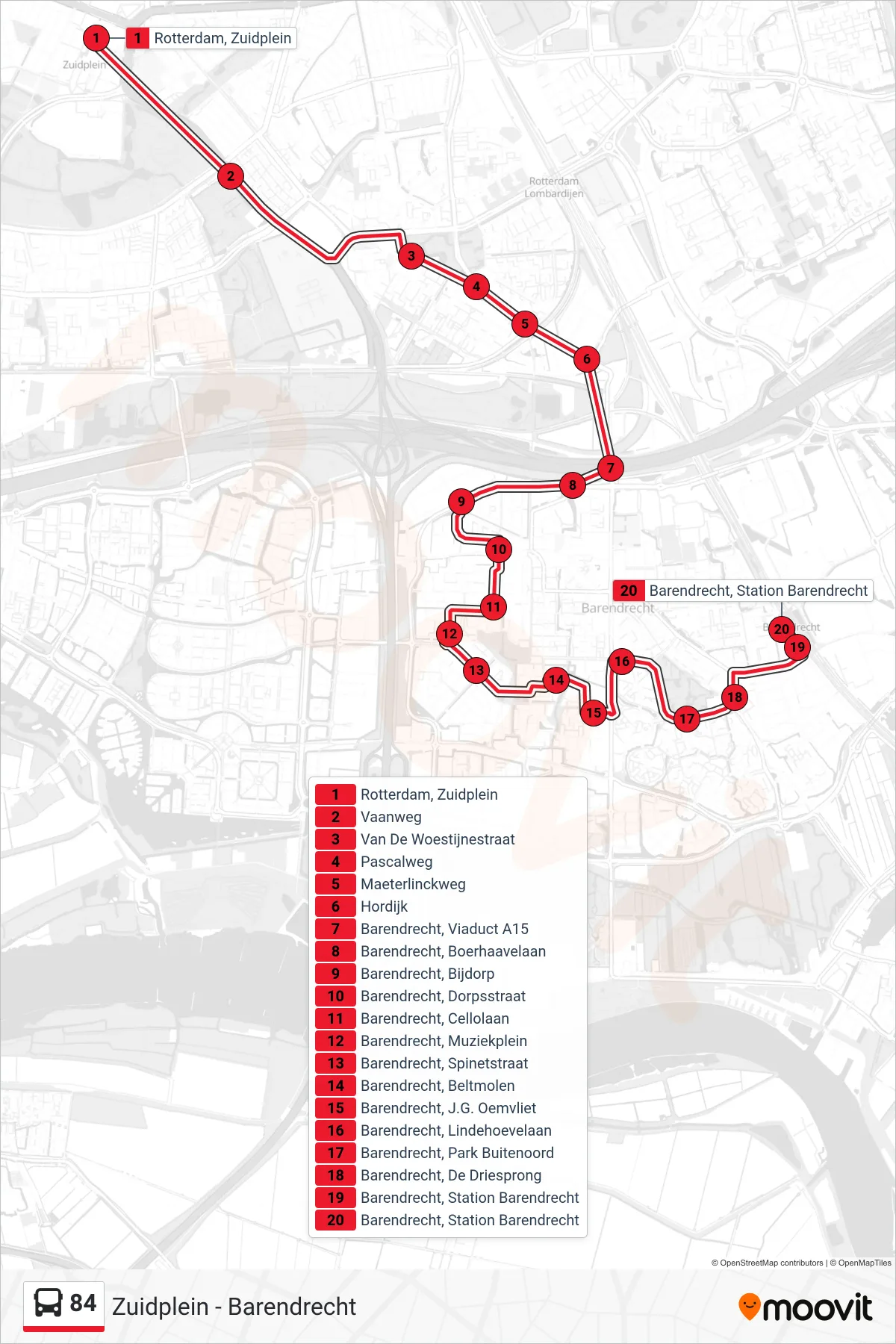 Lijn 84 (bus, Barendrecht): route en haltes op de kaart