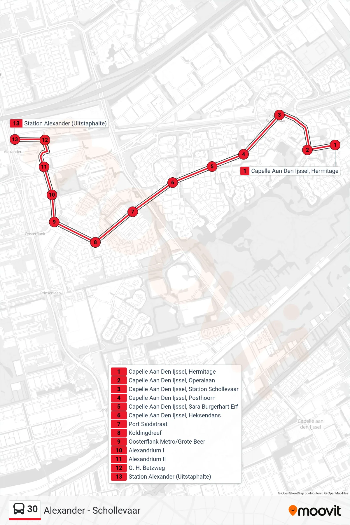 Lijn 30 (bus, Station Alexander): route en haltes op de kaart