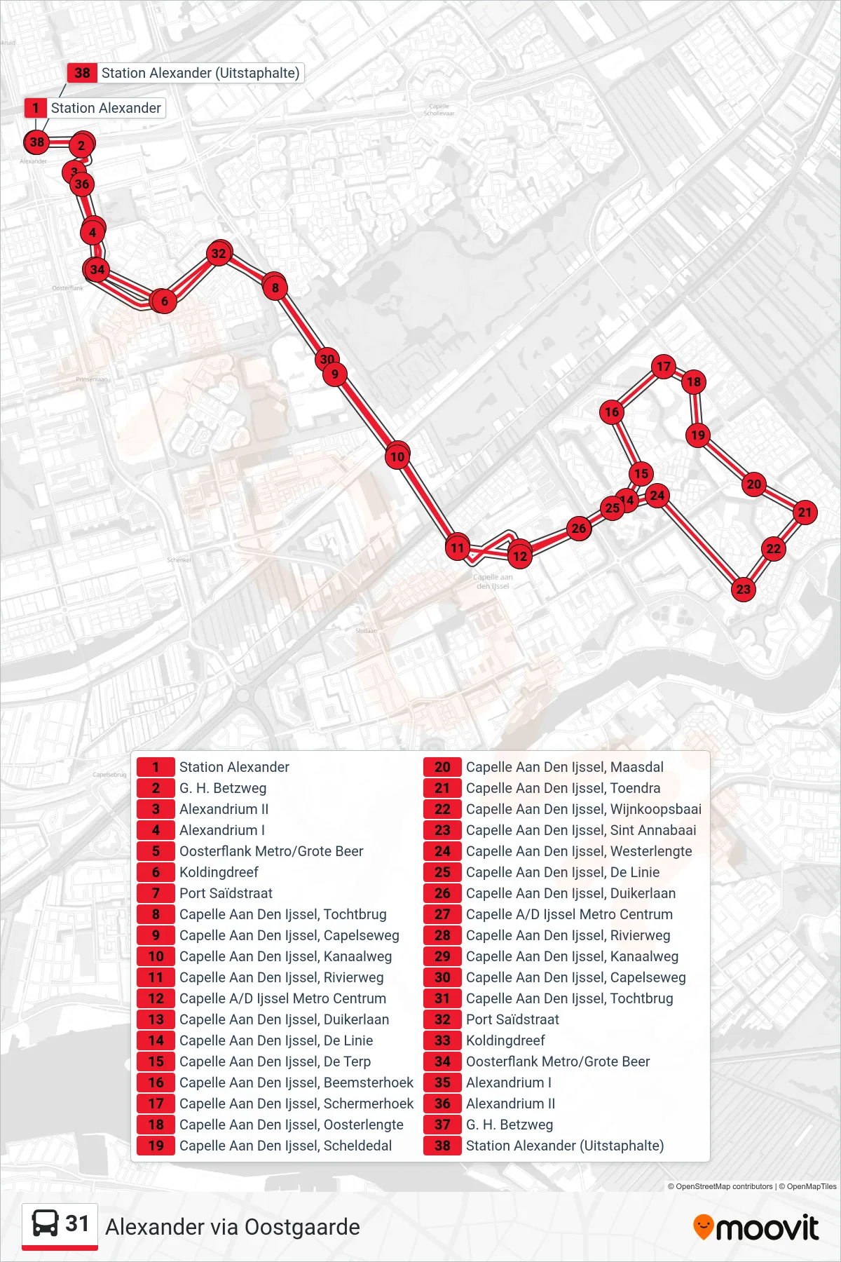 Lijn 31 (bus, Station Alexander): route en haltes op de kaart