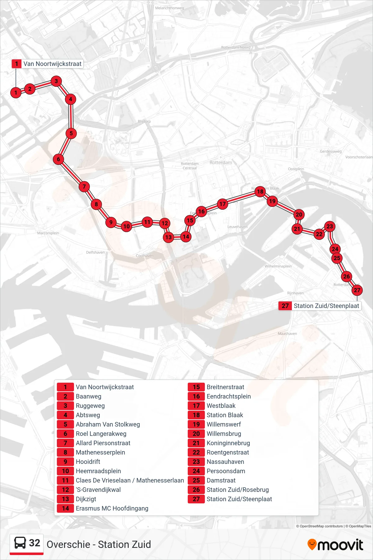 Lijn 32 (bus, Station Zuid): route en haltes op de kaart