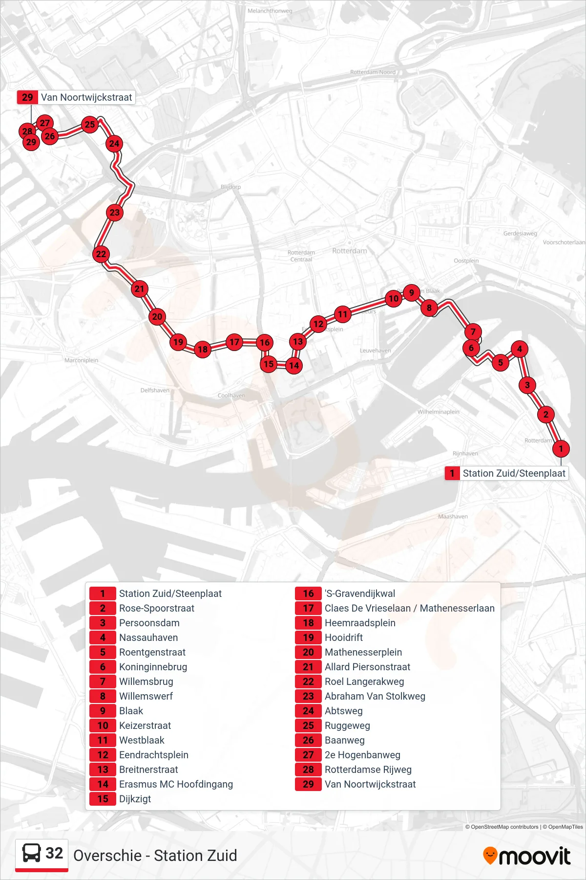Lijn 32 (bus, Overschie): route en haltes op de kaart