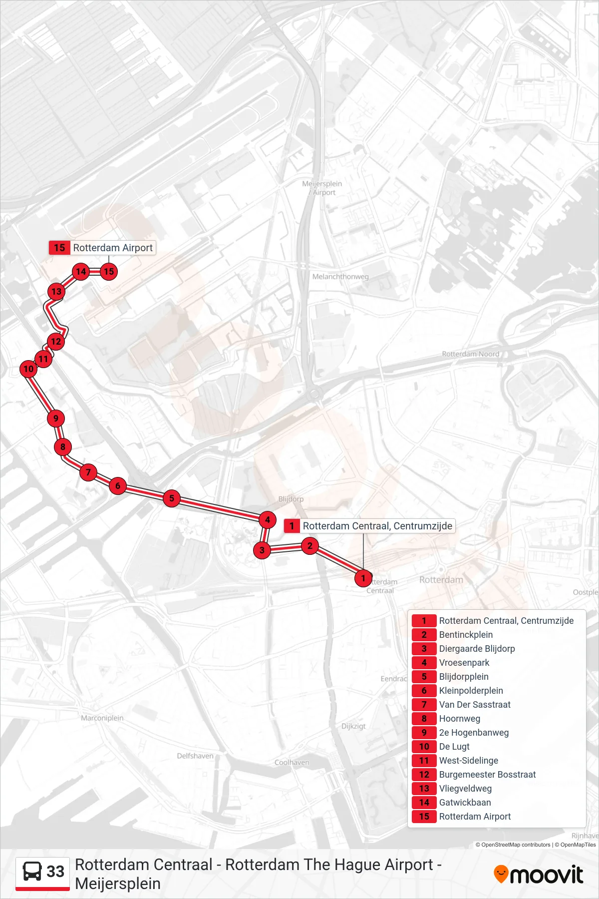 33 bus Line (Rotterdam Airport) route and stops on a map