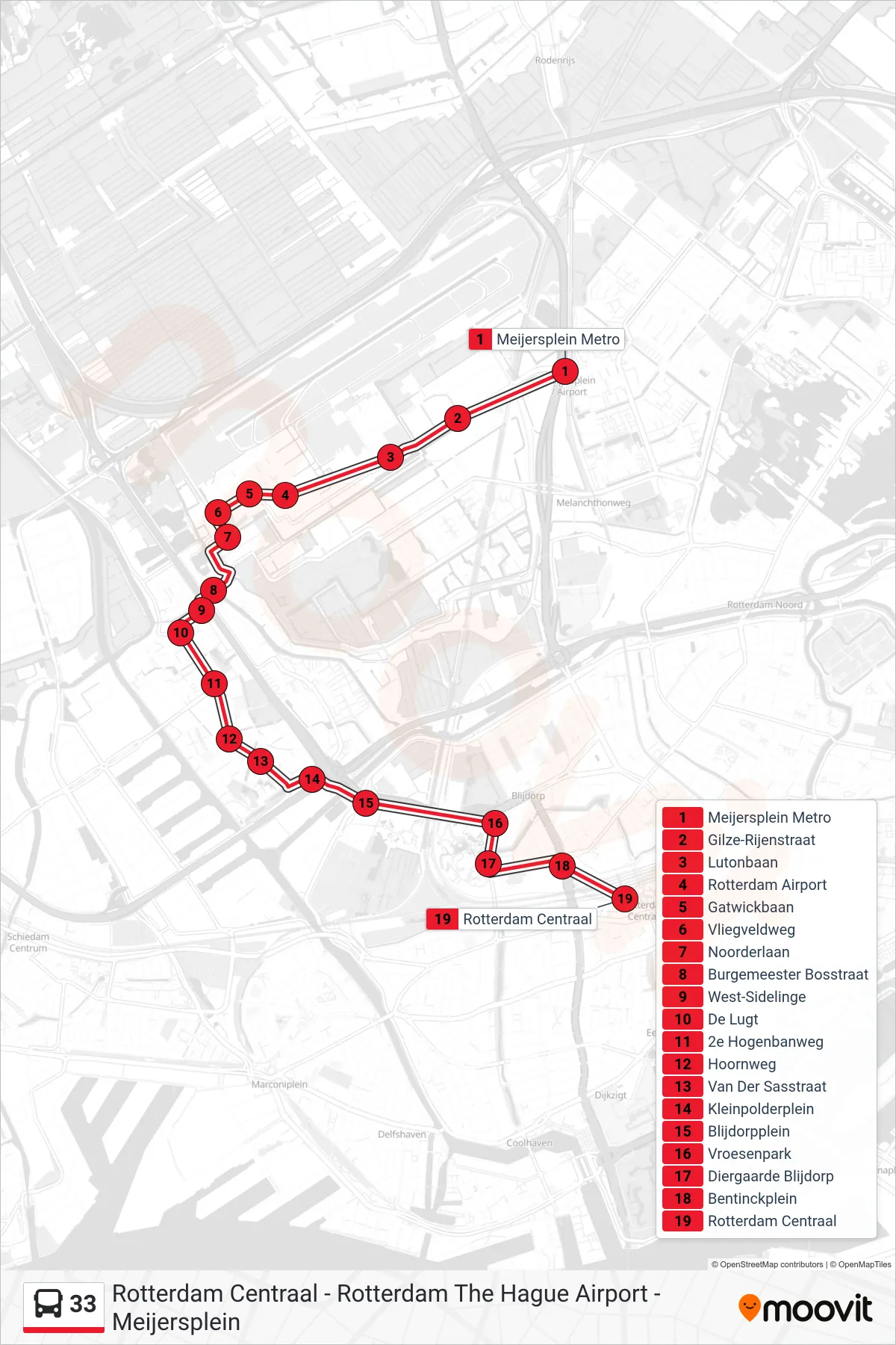 Lijn 33 (bus, Rotterdam Centraal): route en haltes op de kaart