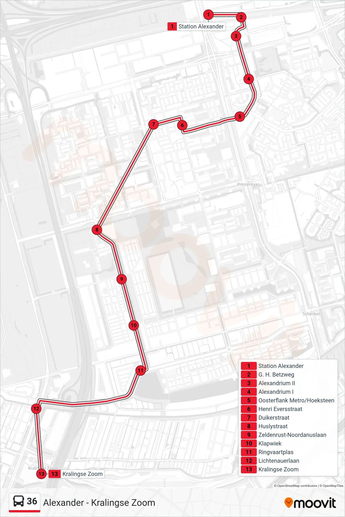 Lijn 36 (bus, Kralingse Zoom): route en haltes op de kaart