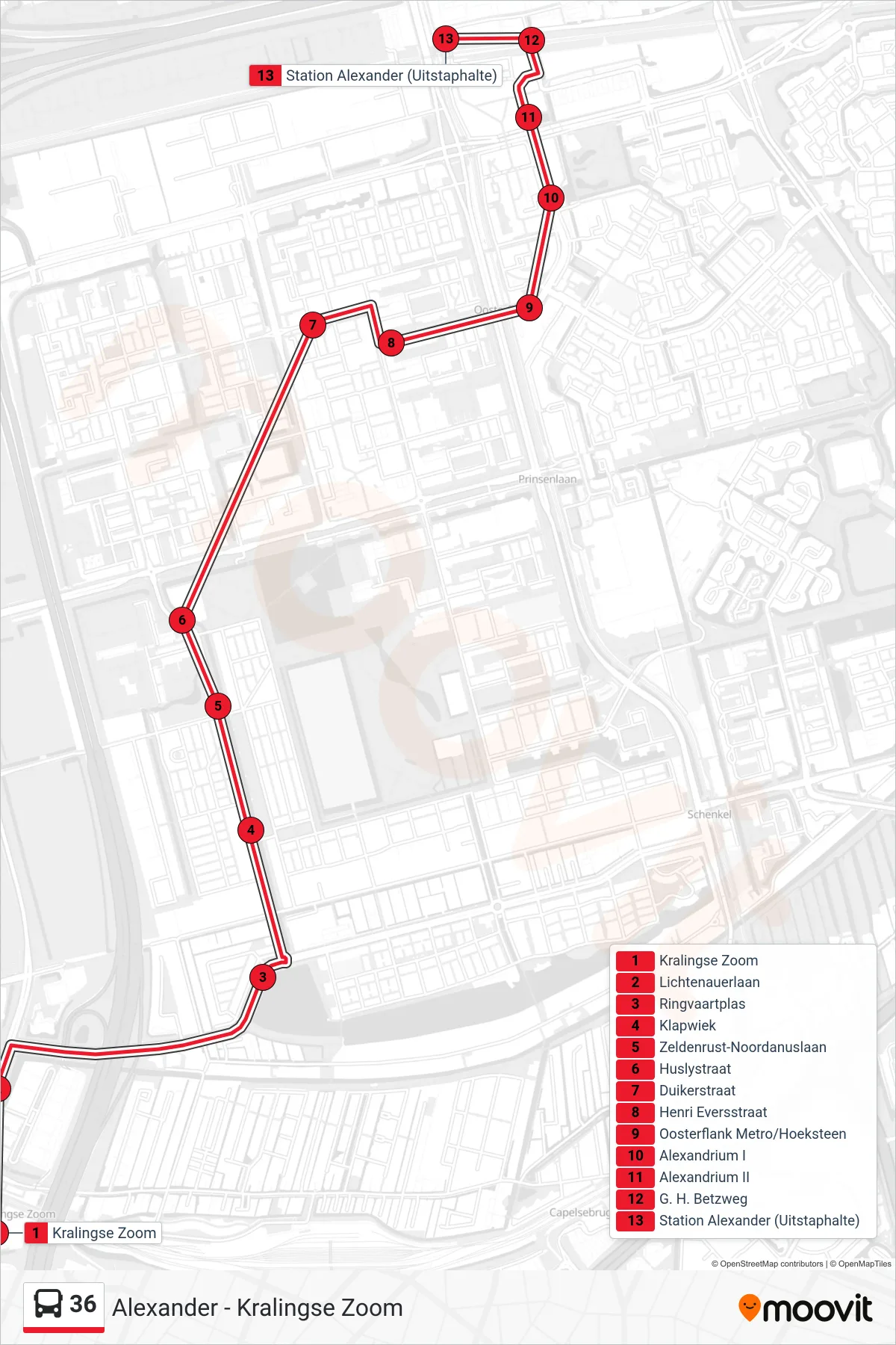 36 bus Line (Station Alexander) route and stops on a map