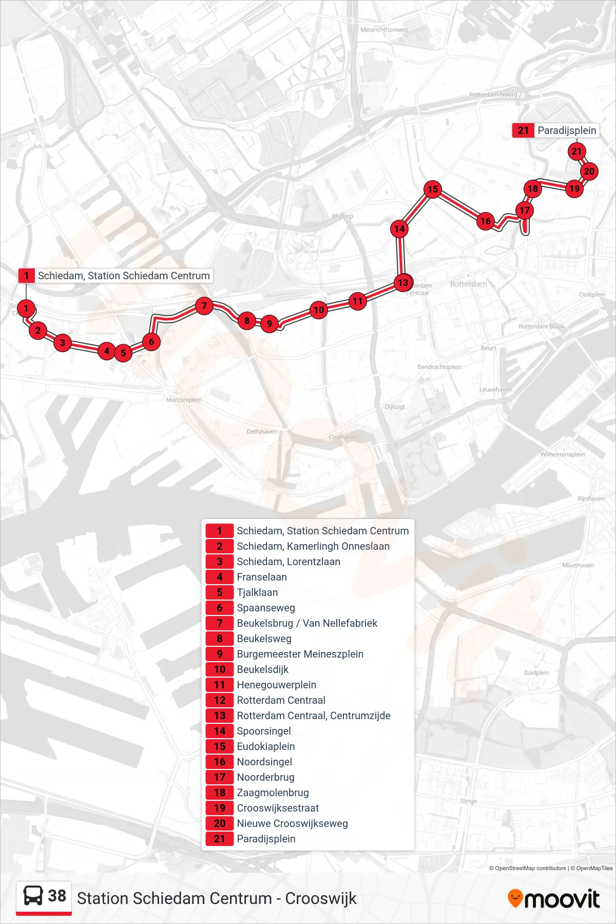 Lijn 38 (bus, Crooswijk): route en haltes op de kaart
