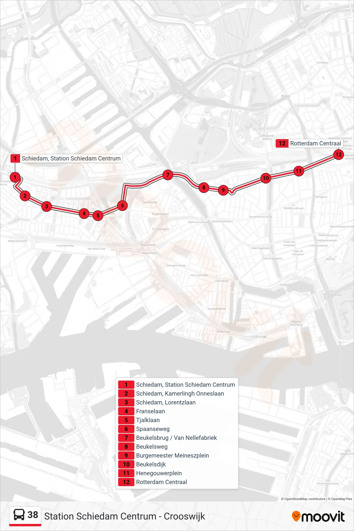 Lijn 38 (bus, Rotterdam Centraal): route en haltes op de kaart