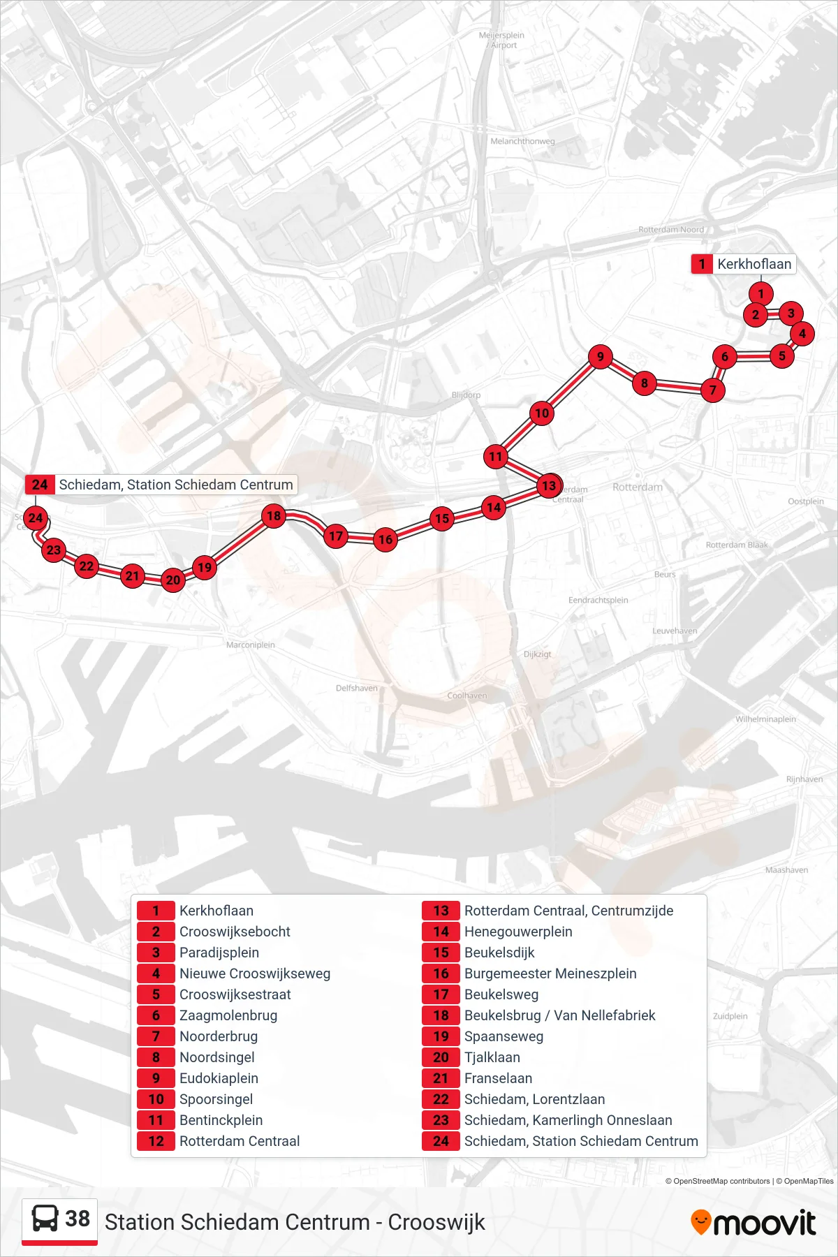 Lijn 38 (bus, Station Schiedam Centrum): route en haltes op de kaart