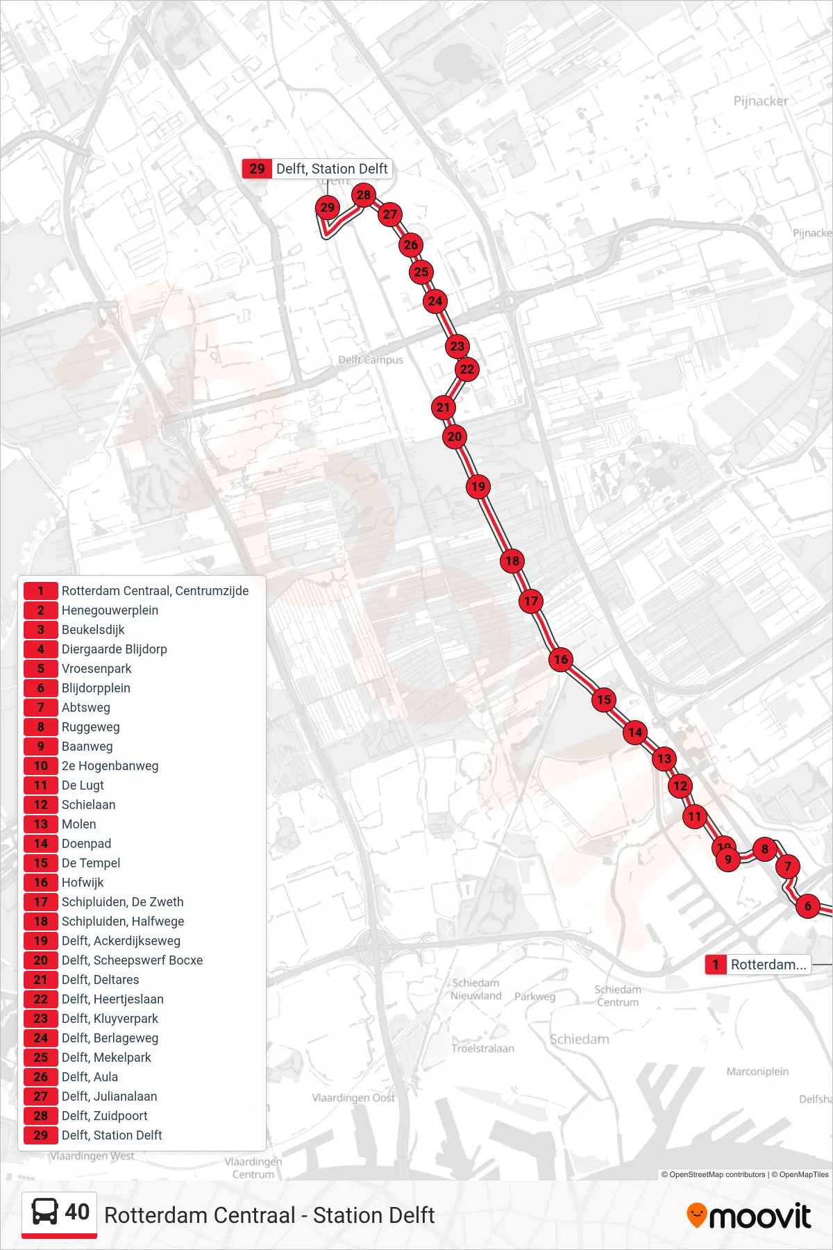 Lijn 40 (bus, Station Delft): route en haltes op de kaart