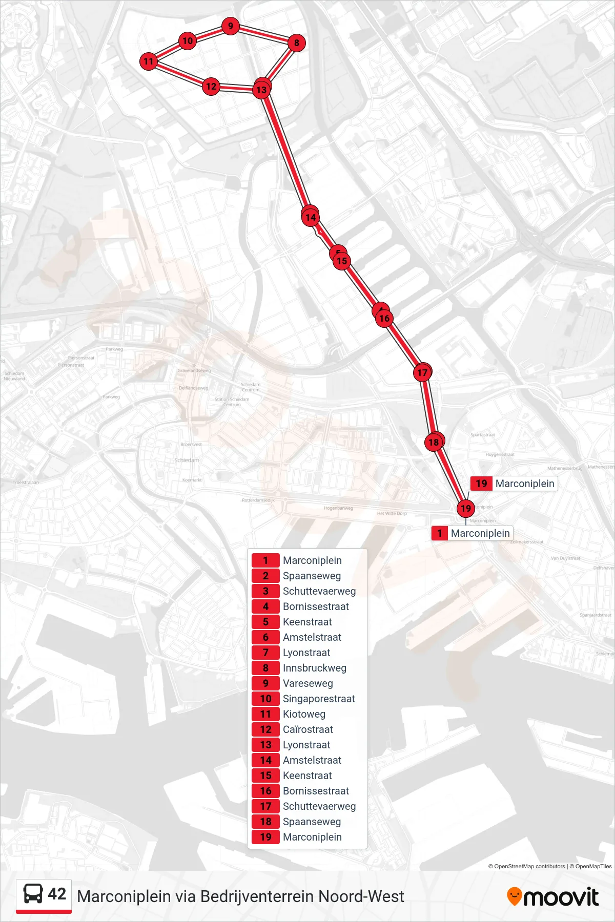 Lijn 42 (bus, Marconiplein): route en haltes op de kaart
