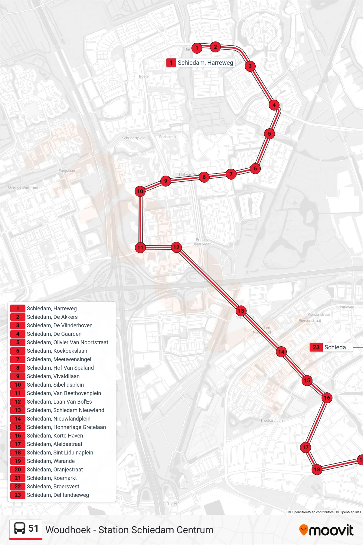 Lijn 51 (bus, Station Schiedam Centrum): route en haltes op de kaart