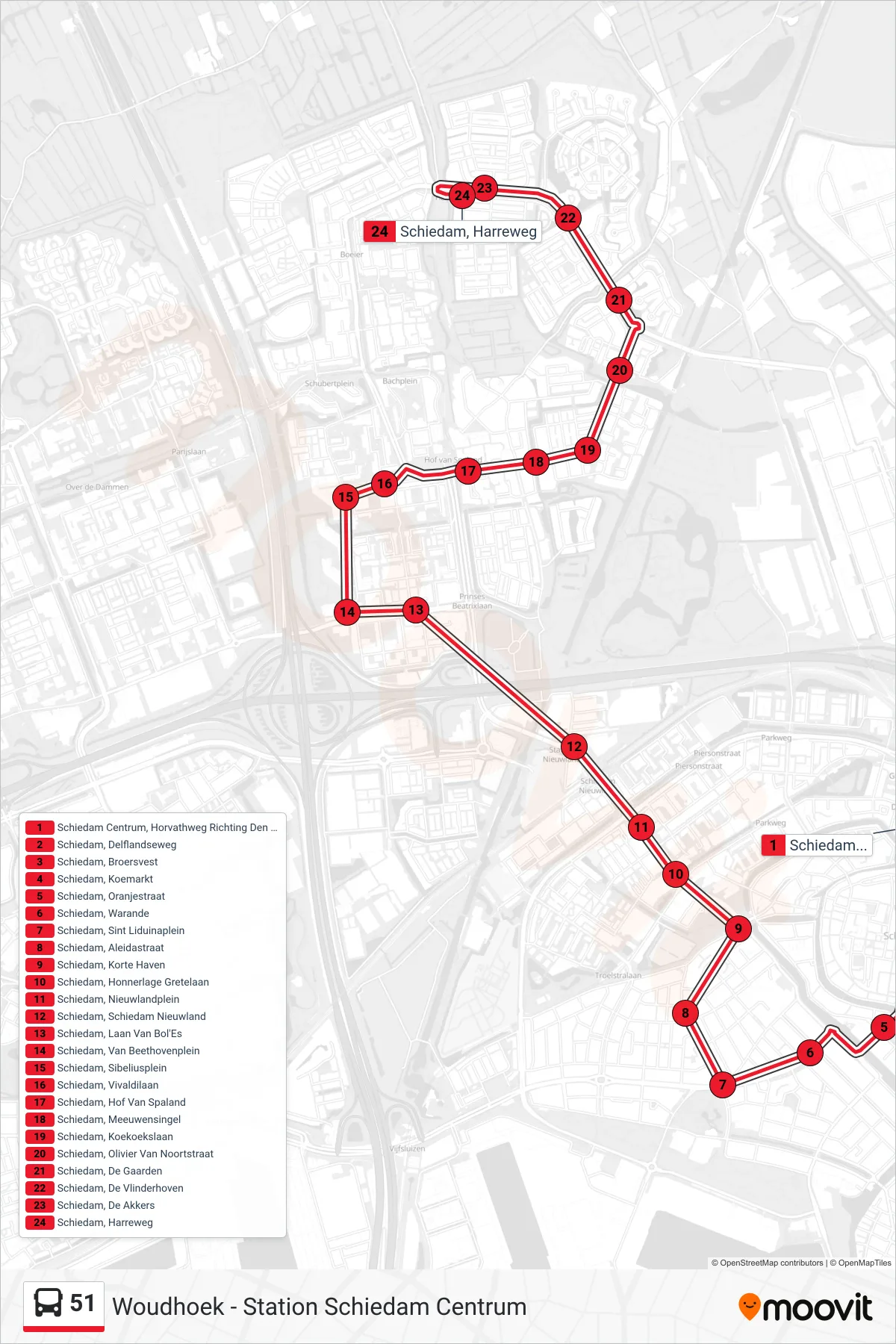 51 bus Line (Woudhoek) route and stops on a map