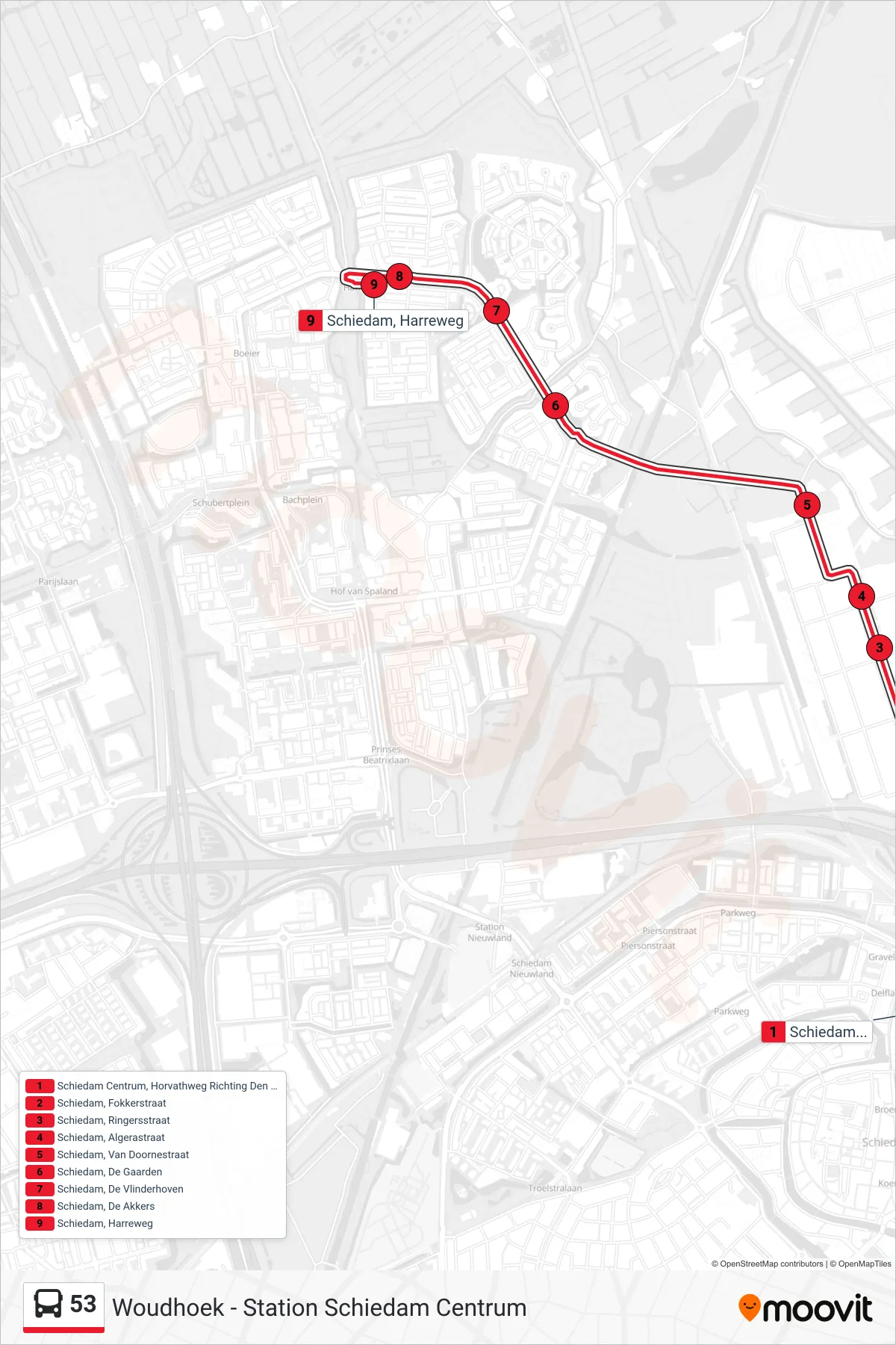 Lijn 53 (bus, Woudhoek): route en haltes op de kaart