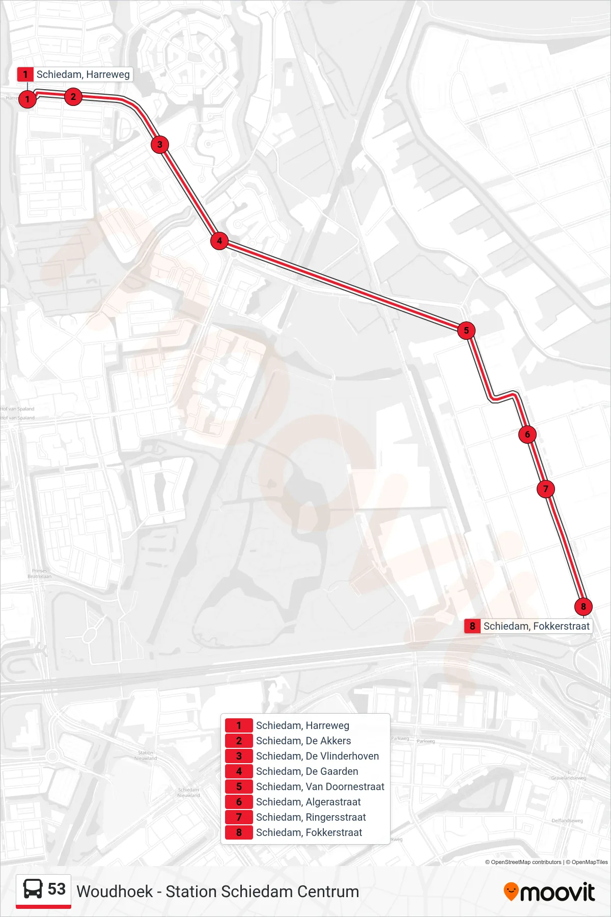 Lijn 53 (bus, Station Schiedam Centrum): route en haltes op de kaart