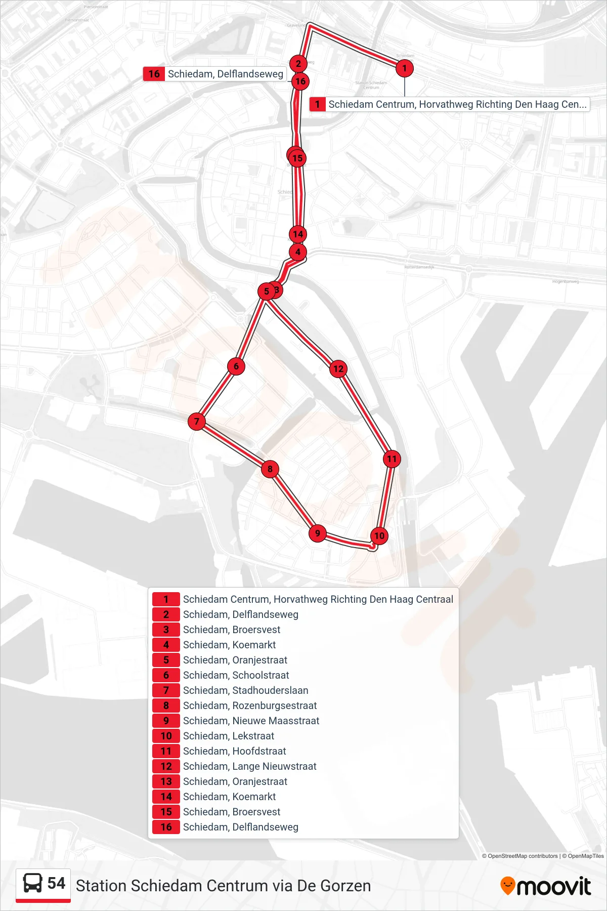 Lijn 54 (bus, Station Schiedam Centrum): route en haltes op de kaart