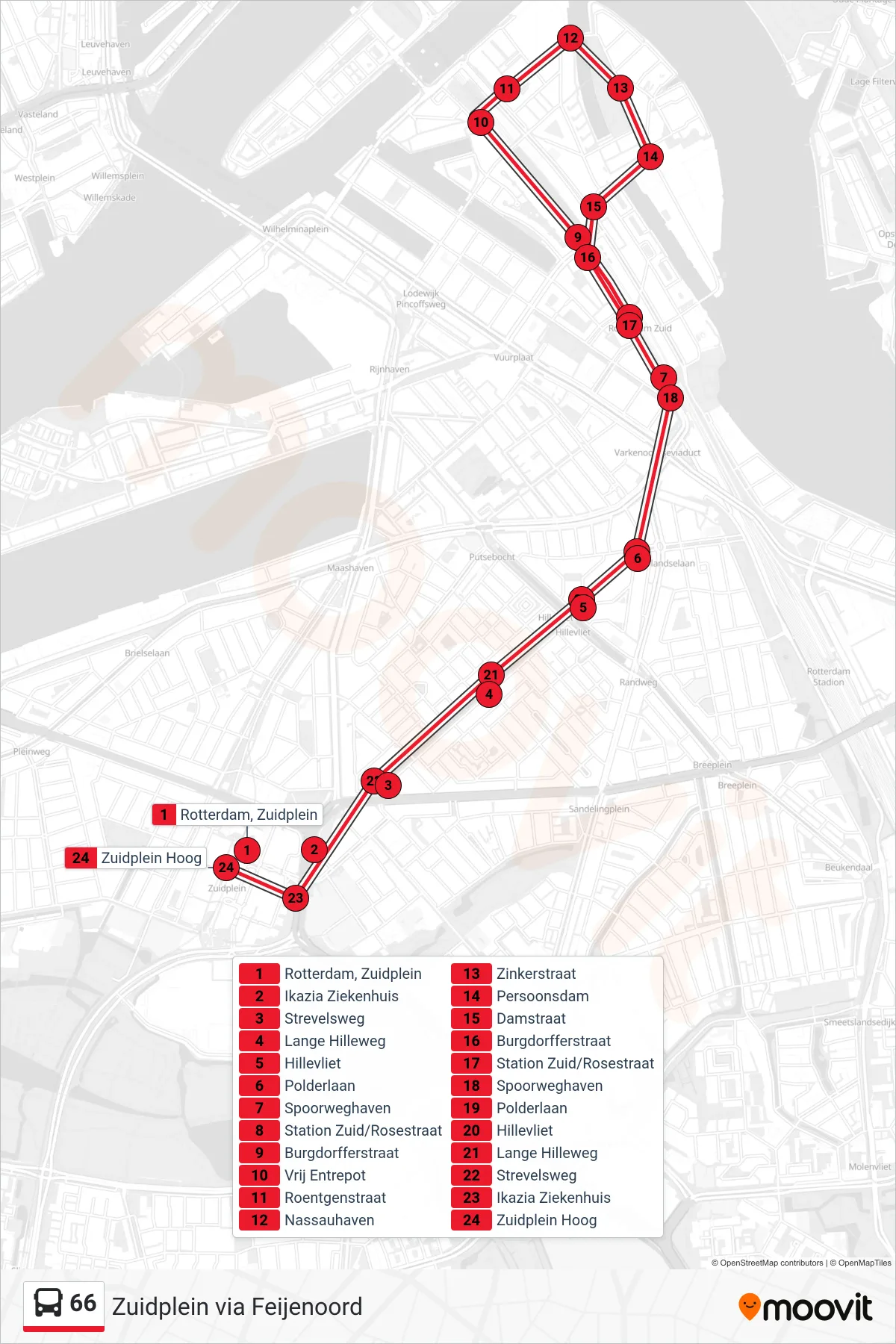 Lijn 66 (bus, Zuidplein): route en haltes op de kaart