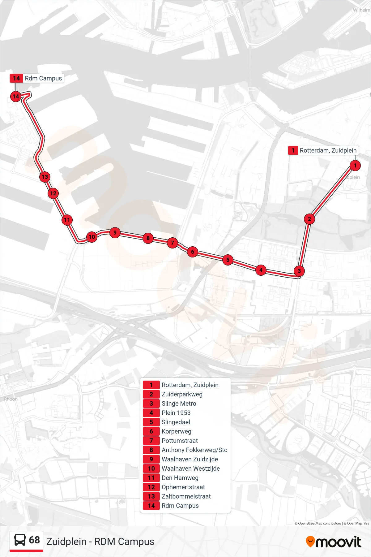 Lijn 68 (bus, Heijplaat Rdm Campus): route en haltes op de kaart