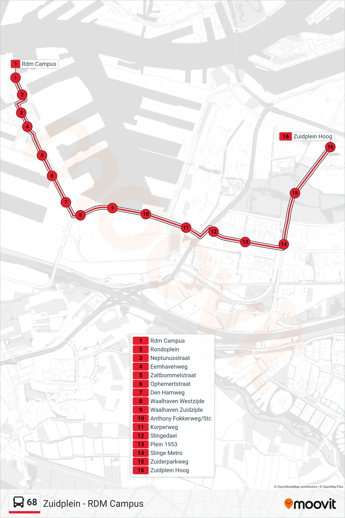 Lijn 68 (bus, Zuidplein): route en haltes op de kaart