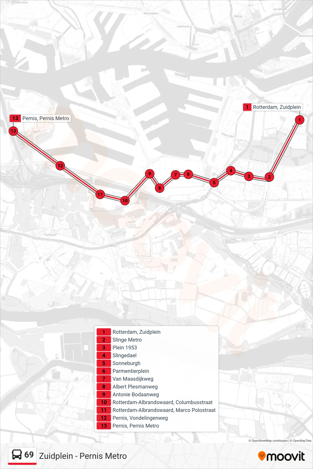 Lijn 69 (bus, Pernis Metro): route en haltes op de kaart