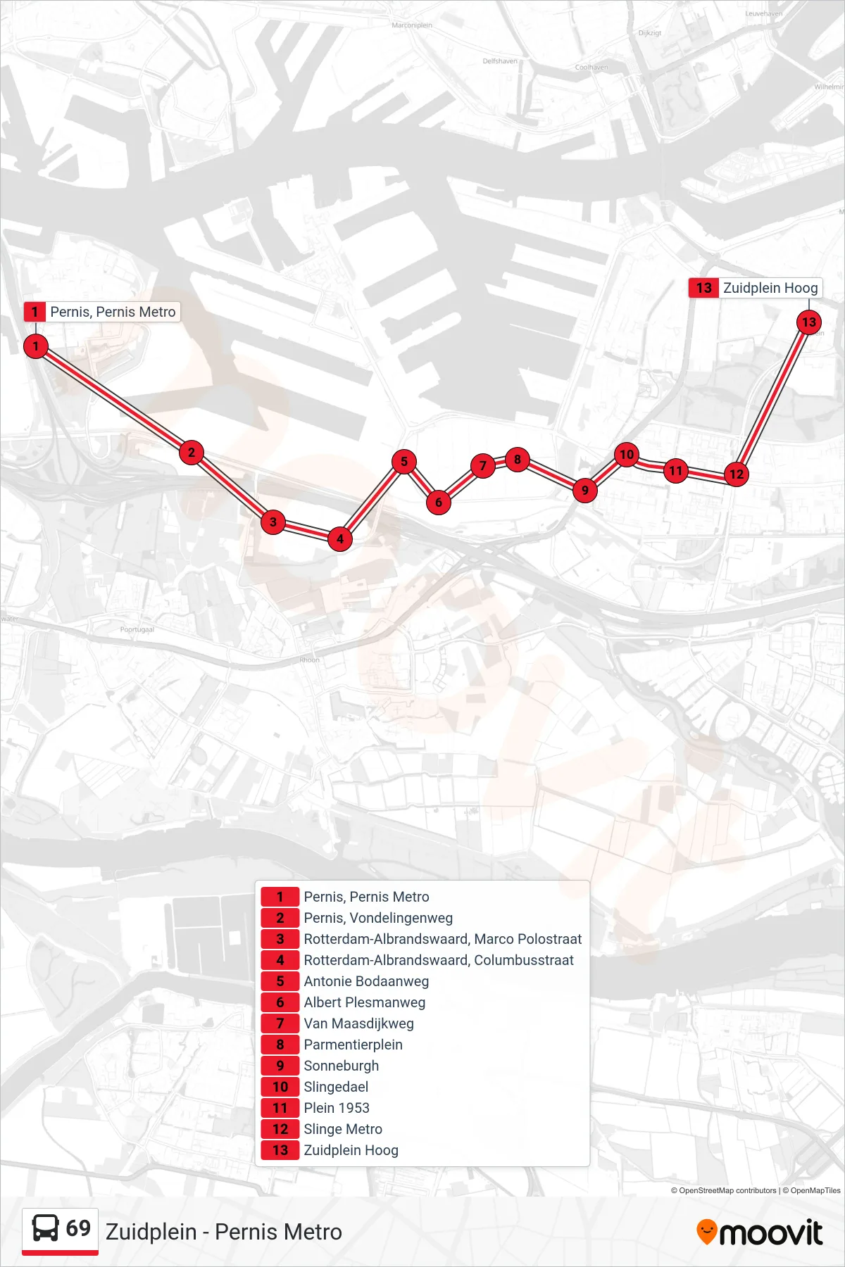 Lijn 69 (bus, Zuidplein): route en haltes op de kaart