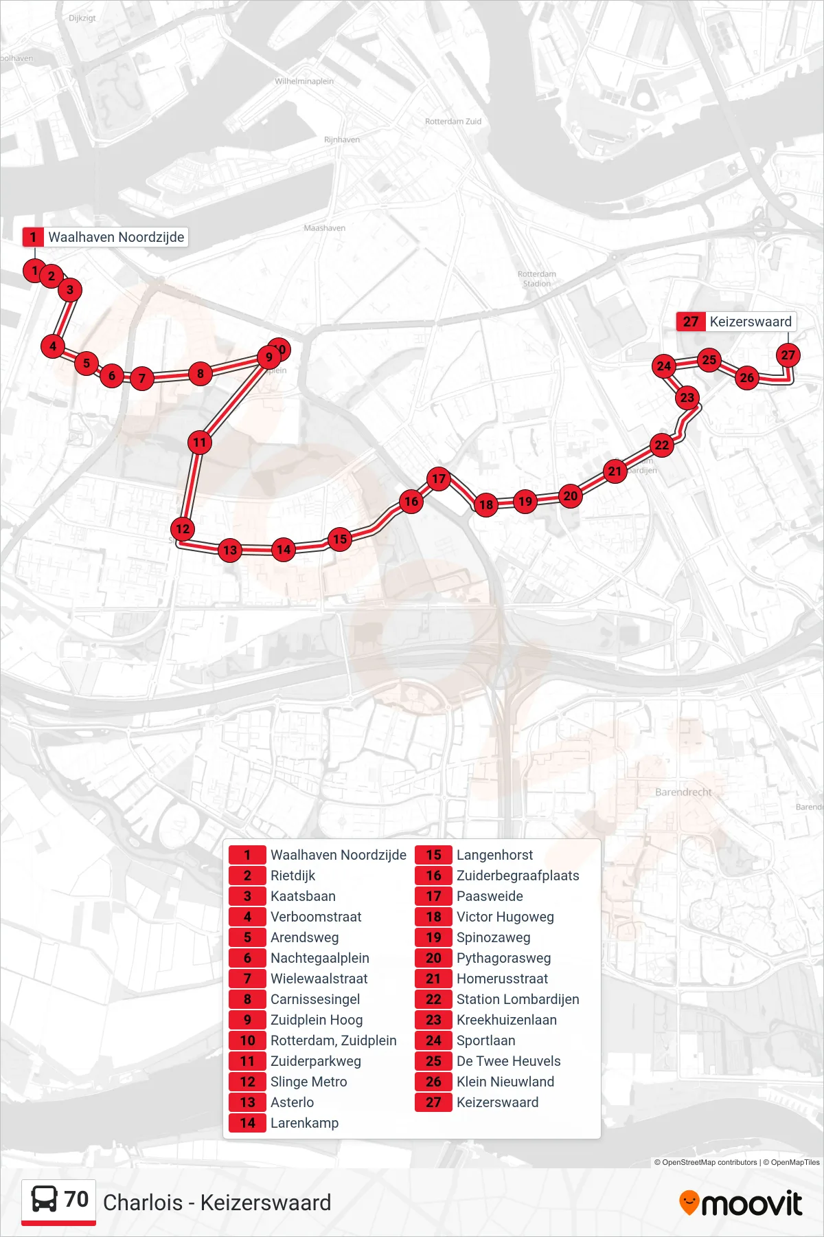 Lijn 70 (bus, Keizerswaard): route en haltes op de kaart