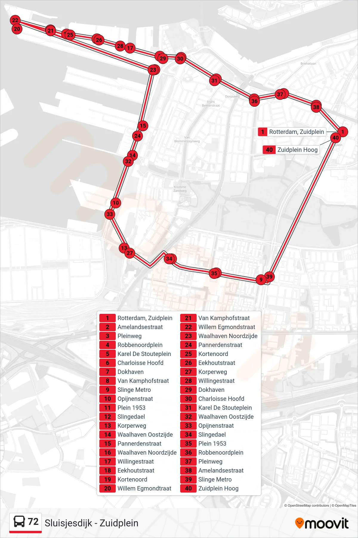 Lijn 72 (bus, Zuidplein): route en haltes op de kaart