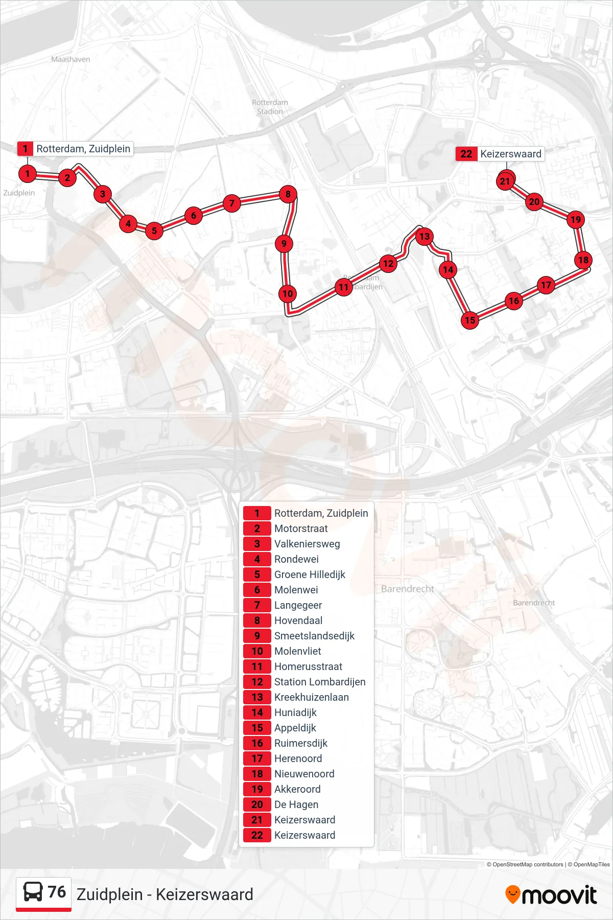Lijn 76 (bus, Keizerswaard): route en haltes op de kaart