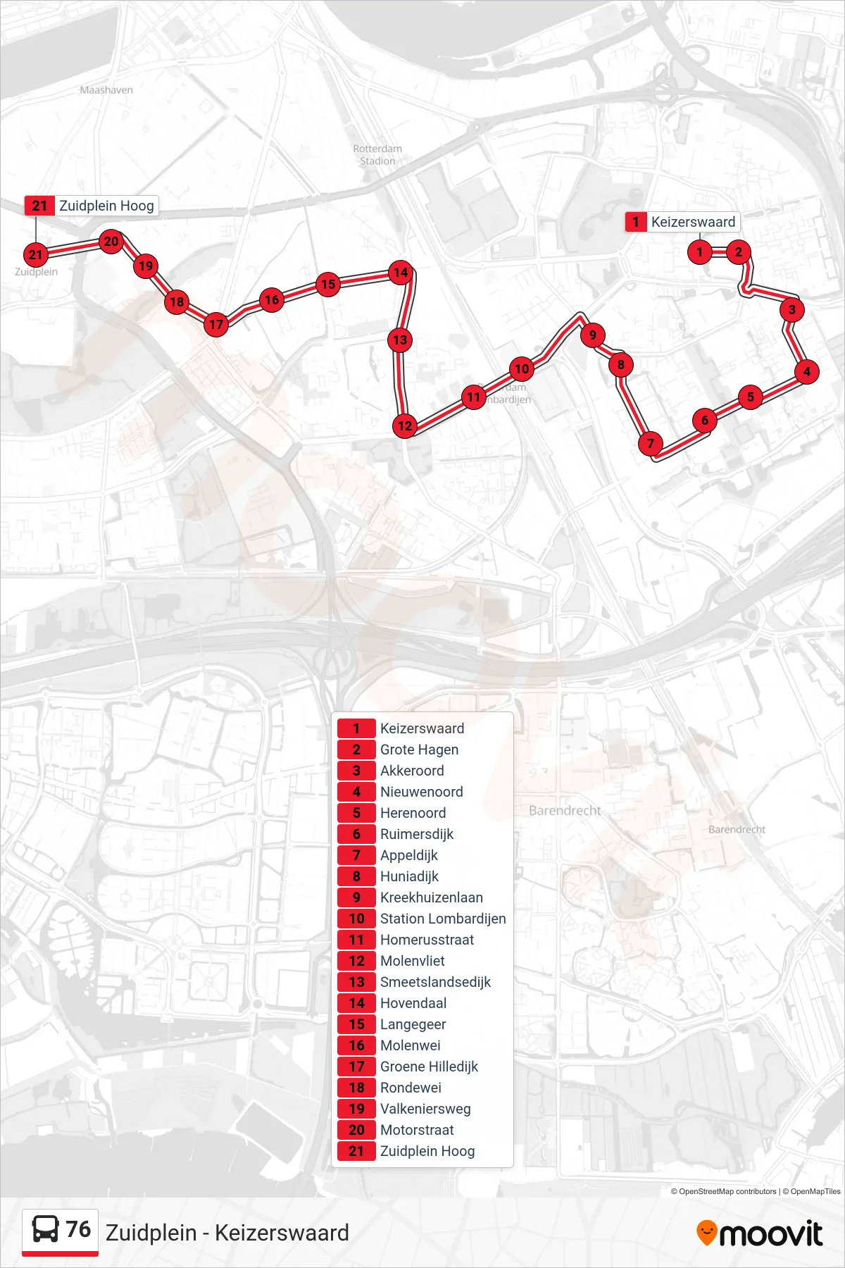 Lijn 76 (bus, Zuidplein): route en haltes op de kaart