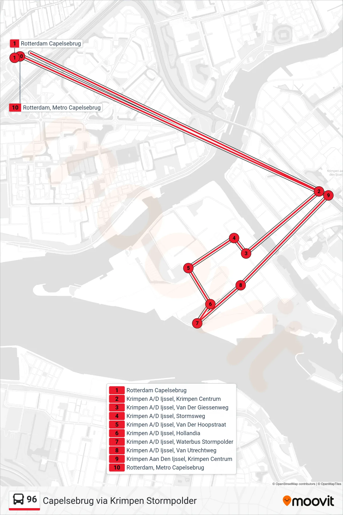Lijn 96 (bus, Capelsebrug): route en haltes op de kaart