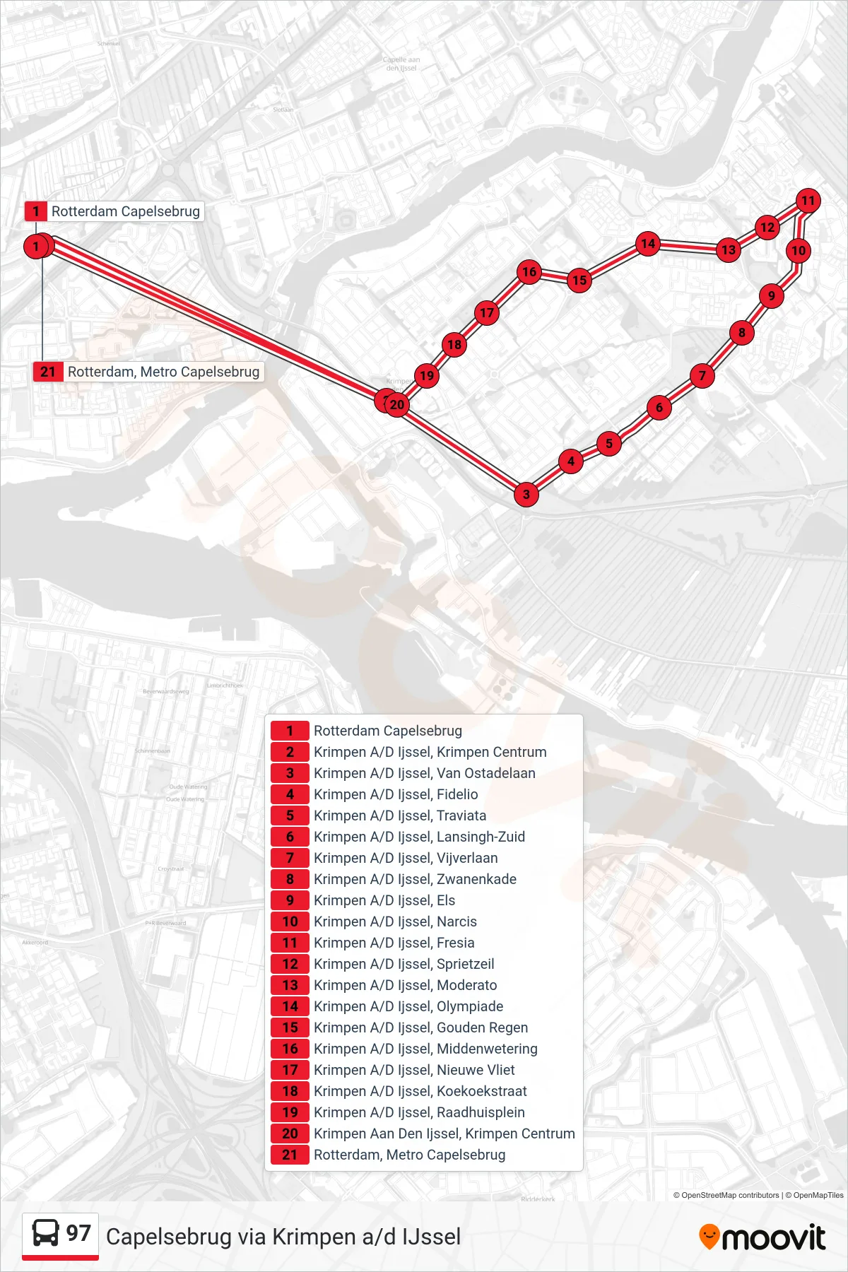 Lijn 97 (bus, Capelsebrug): route en haltes op de kaart