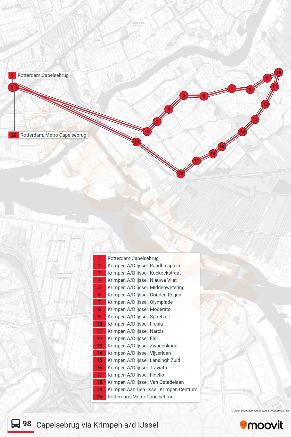 98 bus Line (Capelsebrug) route and stops on a map