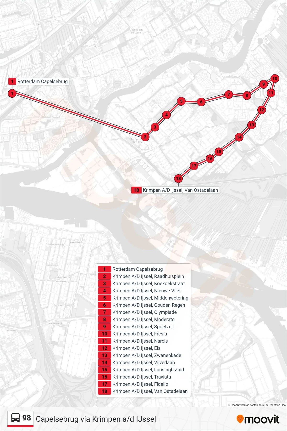 Lijn 98 (bus, Krimpen A/D Ijssel): route en haltes op de kaart