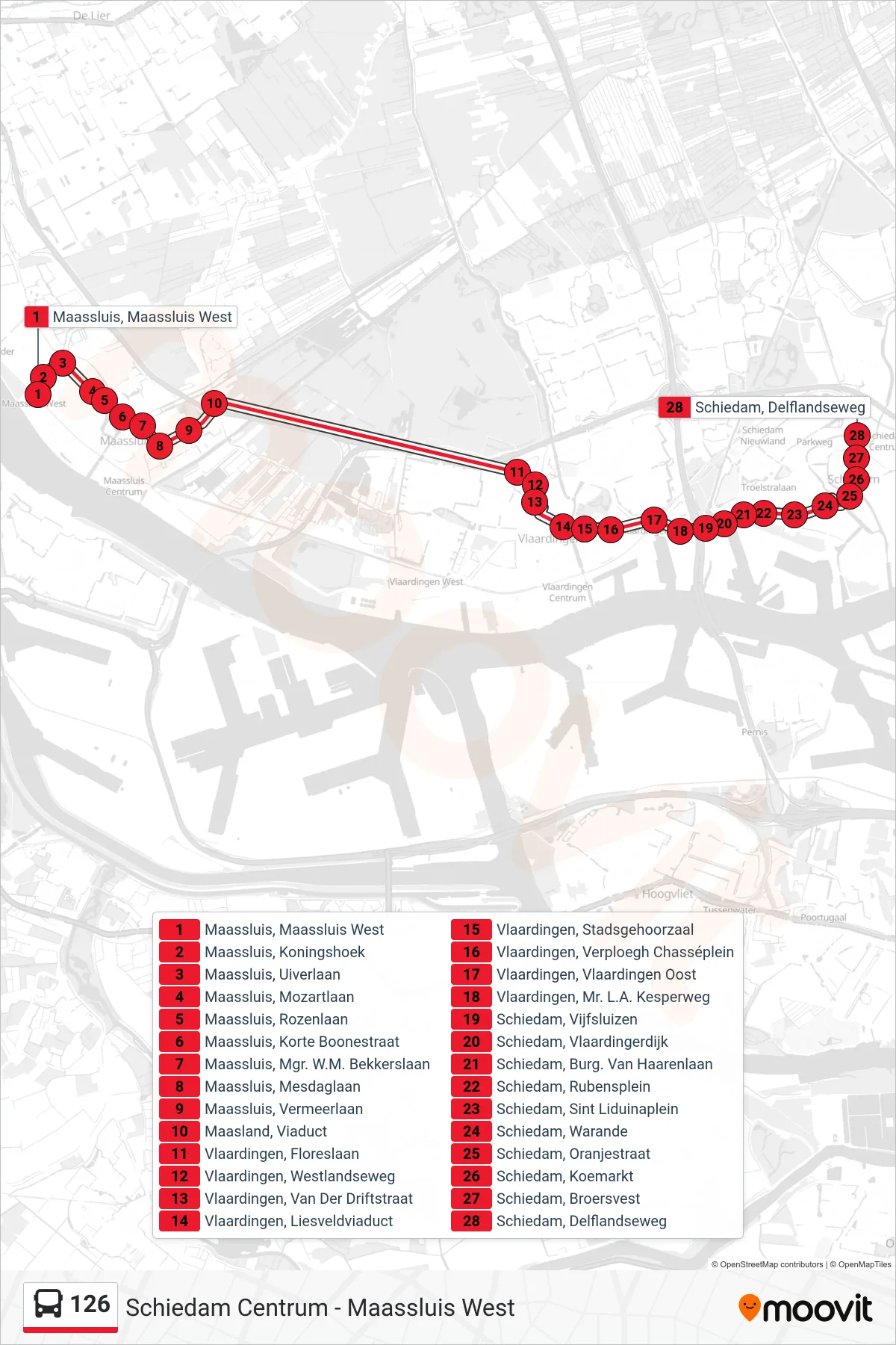 Lijn 126 (bus, Station Schiedam Centrum): route en haltes op de kaart