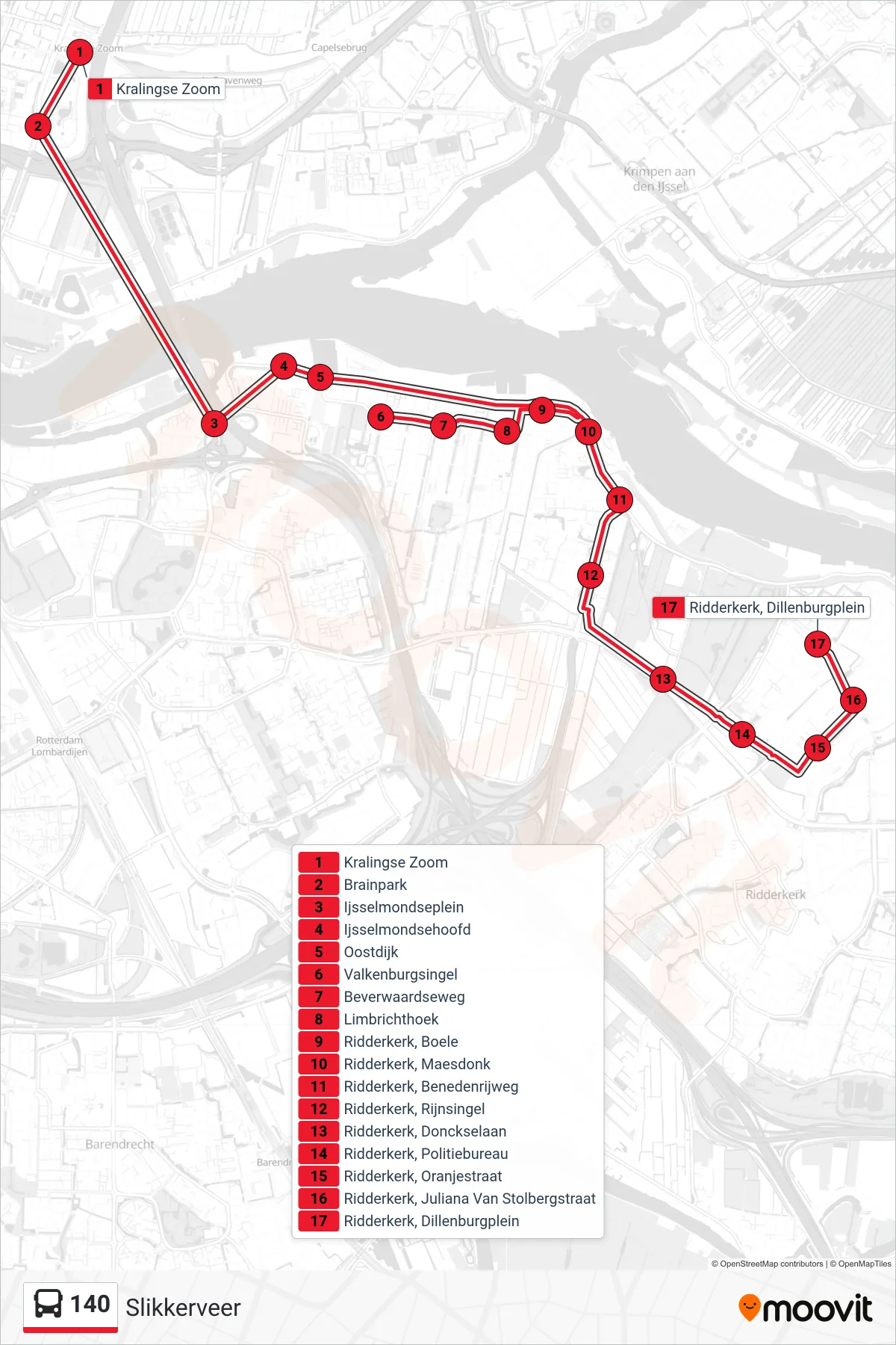 Lijn 140 (bus, Slikkerveer): route en haltes op de kaart